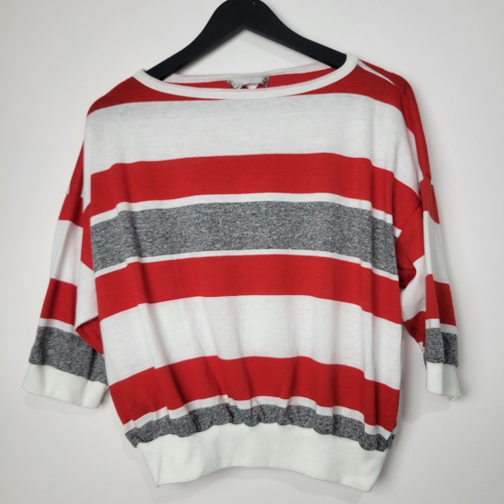 SEARS VINTAGE BATWING RED WHITE AND GRAY STRIPED TOP SIZE LARGE